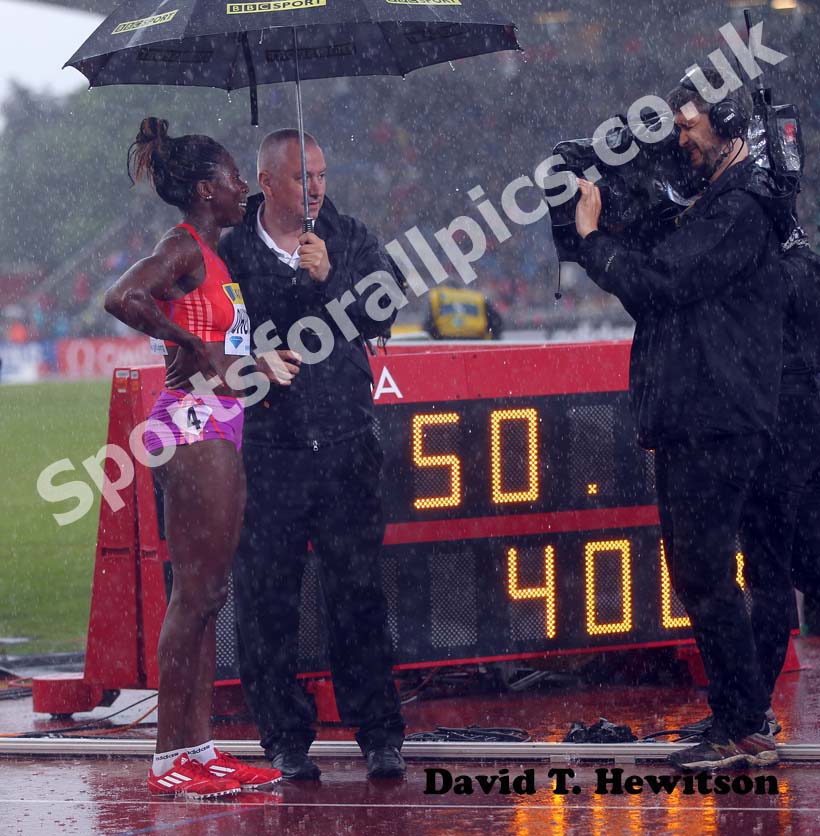 Christine Ohuruogu being interviewed after the 400 metres win, 2012 Samsung Diamond League, Crystal Palace, London.